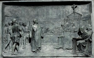 Bronze relief of the Trial of Giordano Bruno by Ettore Ferrari.  Source: Wikipedia (public domain)