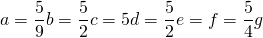 \[ a=\frac{5}{9}b=\frac{5}{2}c=5d=\frac{5}{2}e=f=\frac{5}{4}g \]